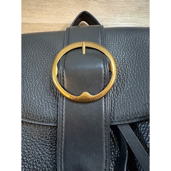 Polo Ralph Lauren Black Pebbled Leather Buckle Lennox Backpack Bag Gold Hardware